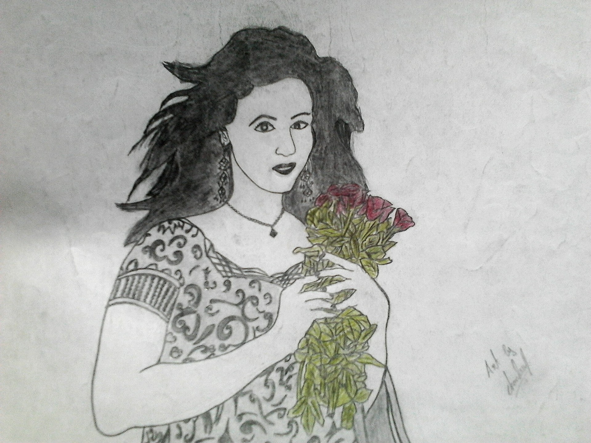 Portrait with roses — mixed media